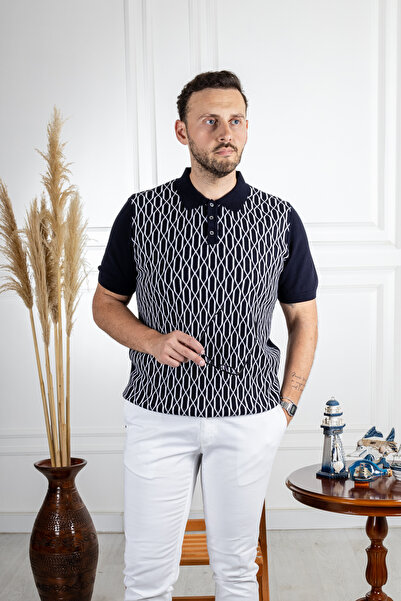 Sarar Синій поло з коміром 100% бавовна з візерунком Тонкий трикотажний футболка