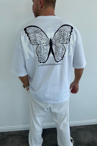 MADZEYMODA Λευκό μπλουζάκι Oversize - Crew Neck, Back Printed