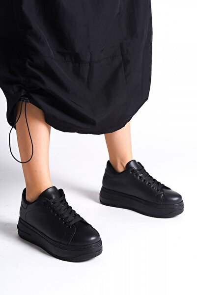 Rainon Store RDSBİANA Black Orthopedic Leather Women's Sports Shoes - Lace-up Sole