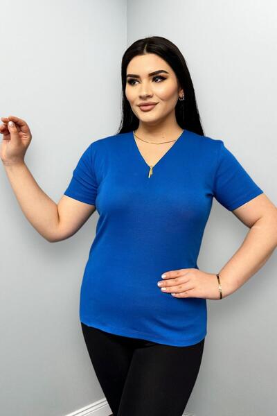 Siyezen Plus Size Zip Short Sleeve Cotton Blouse