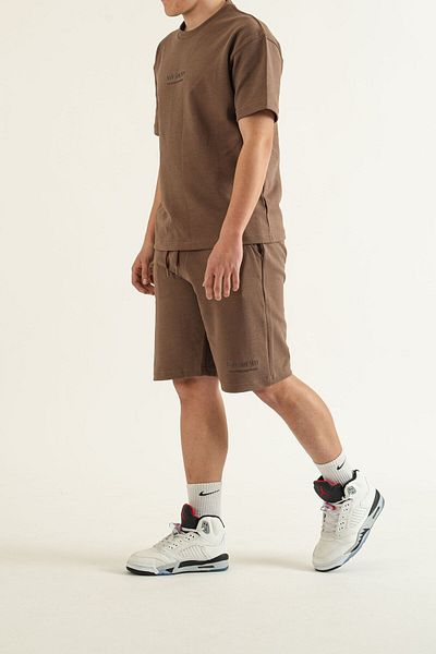 bombe Men's Brown 2-Piece Set Plain Printed Oversize Comfort Relaxed Fit T-Shirt Shorts Set