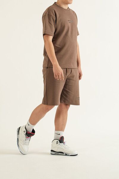 bombe Men's Brown 2-Piece Set Plain Printed Oversize Comfort Relaxed Fit T-Shirt Shorts Set