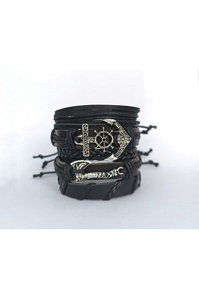 BSN Store Scandinavian Viking Thor Nordich Axe Sailor Anchor Figured Genuine Leather Bracelet 5 Pieces