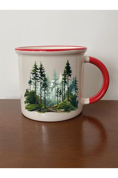 lili hediyelik Red Ceramic Tea and Coffee Gift Cup - Trees Printed, Mug Design with Spout