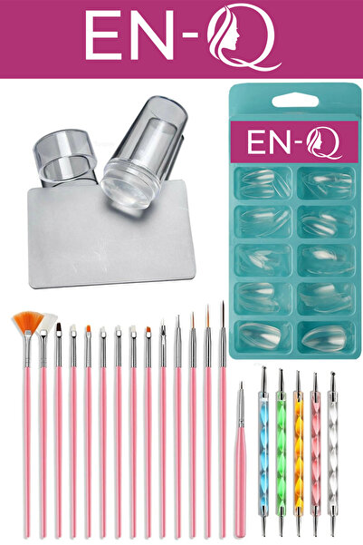 ENQ 4LÜ Tırnak Set- 15li Desen Fırçası -French Aparatı- Dot Kalemi-100lü Şeffaf Badem Tırnak4