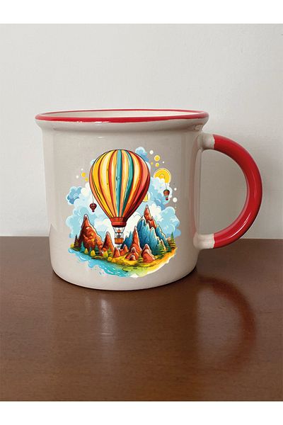 lili hediyelik Red Mug with Flying Balloons and Mouth - Gift for Lover, Ceramic Tea and Coffee Cup
