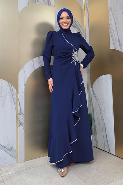 Bym Fashion Φόρεμα με βολάν σε μπλε ναυτικό πέτρινο κέντημα