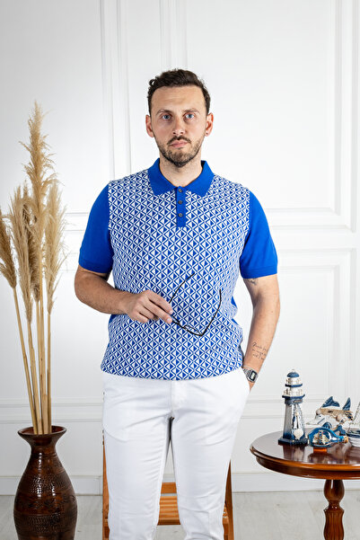 Sarar Saks Синя поло з тонким трикотажем - 100% бавовна з візерунком