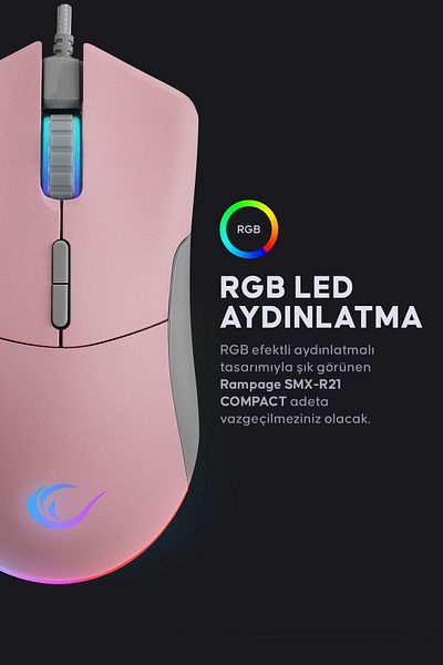 Rampage Smx-R21 Compact USB Pink Rgb Led Macrolu 12800Dpi / 1000Hz Drag Click Gaming Player Mouse