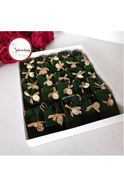 Gelincimherşey 50 Pieces Green Suede Stringed Quarter Sequin Decorated Pouch Gift Henna
