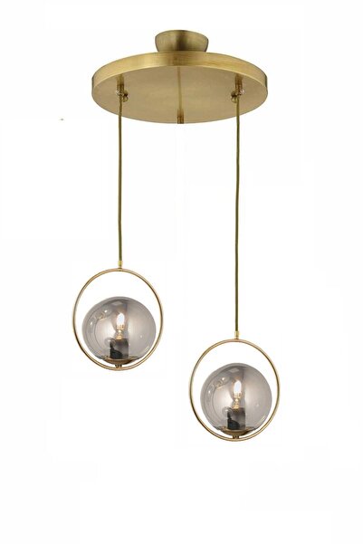 Lambadar Modern Füme Glop Camlı Daire Model Ikili Gold Sarkıt Avize