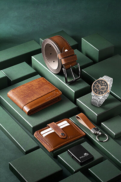 Polo Air Erkek Kol Saati Cüzdan Kemer Kartlık Çakmak Anahtarlık Kombin Taba S...