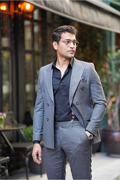 LONATOLİA بدلة رجالية مخططة مزدوجة الصدر على الطراز الإيطالي بنطال معطف بقصة ...