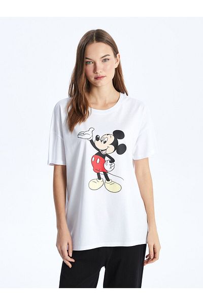 LC Waikiki Kurzärmliges Pyjama-Set für Damen mit Rundhalsausschnitt, Mickey Mouse-Aufdruck
