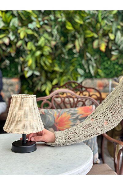 Maison Avf Rattan & Bambu Masa Üstü Kablosuz Pilli Abajur Masa Lambası Siyah