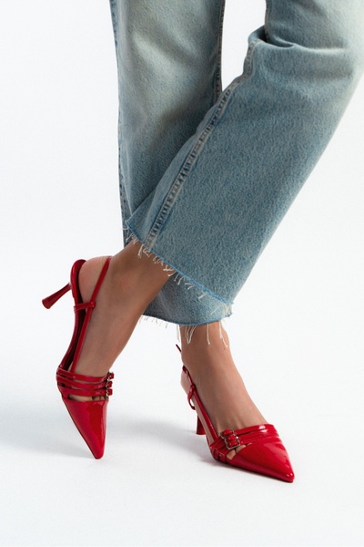 NİŞANTAŞI SHOES Andrina Red Patent Leather Women's Heeled Shoes - Belt Detail...