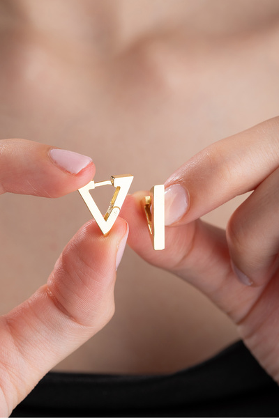 Nereze 925 Ayar Gümüş Gold Kaplama Taşsız Üçgen Model Küpe