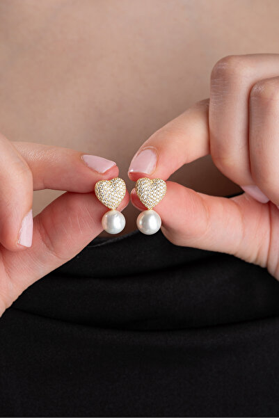 Nereze 925 Ayar Gümüş Gold Kaplama İncili Kalp Küpe