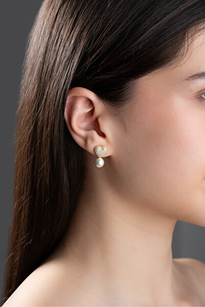 Nereze 925 Ayar Gümüş Gold Kaplama İncili Kalp Küpe