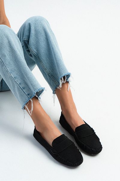 NİŞANTAŞI SHOES Astoria Чорний трикотажний шкіряний бабет з плоским дном жіночий