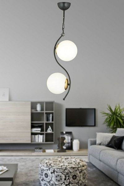 Lambadar Double Modern Globe Glass Curved Model Black Pendant Lamp Chandelier