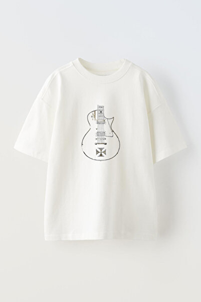 NMG TEKSTİL White Oversize Cotton T-shirt - Clover Leaf Guitar Printed
