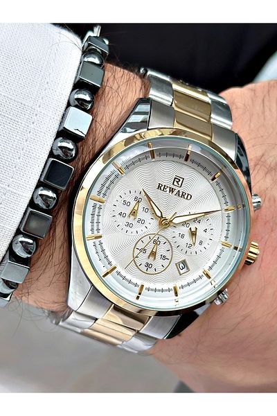 Reward Gold Silver Men's Wristwatch and Bracelet Gift Set