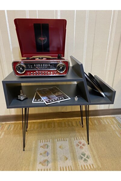 Lernan Group Retro Plak Ve Pikap Sehpası Gri Renk Siyah Ayak