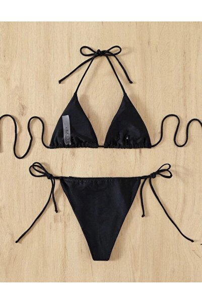 Genel Markalar siyah  renk  üst üçgen yüksek bel arkası ayarlanabilir  alt model brezilyan kadın bikini takımı mayo