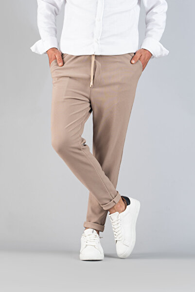 bombe Erkek Vizon Pantolon Beli Lastikli Slim Fit Esnek Likralı Basic Pamuklu Jogger