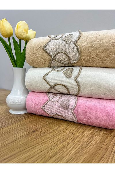 AYHANHOME 3-Piece Heart Laced Dowry 50x90 Velvet Hand and Face Towel