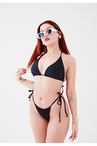elifbilginbutik siyah  renk  üst üçgen yüksek bel arkası ayarlanabilir  alt model brezilyan kadın bikini takımı mayo