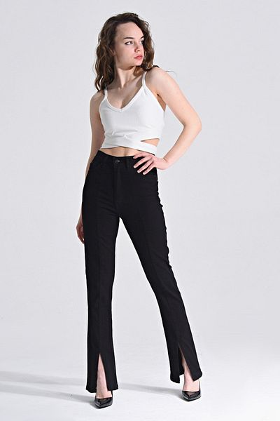 SHEVEGA Black Lycra High Waist Flare Jeans with Slit Legs