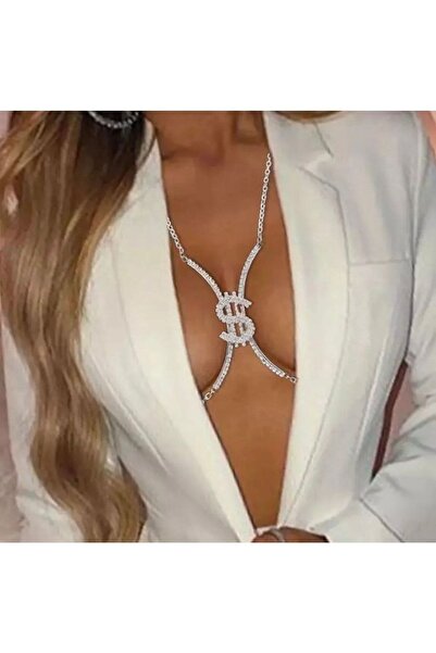 Genel Markalar Silver Kristal Taşlı Dolar Vücut Aksesuarı Göğüs Bikini Takısı...