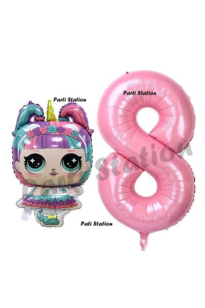 Parti Station 8 Year Old Unicorn LOL Baby Balloon and Pink Number Birthday Party Set