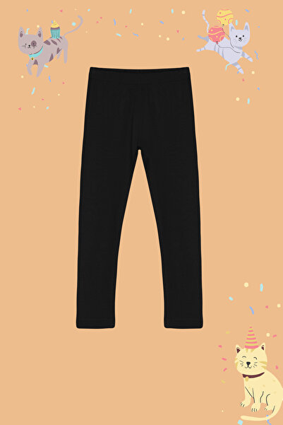 TRENDYOLKIDS Black Girls' Cotton Basic Knitted Leggings Tkdss24Ta00005