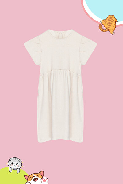 TRENDYOLKIDS Πλεκτό κοντομάνικο φόρεμα με βολάν - Πέτρινο κορίτσι TKDSS24EL00009