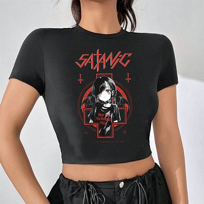 Touz Moda Satanic Gothic Cut Black Crop Top - Girl Printed