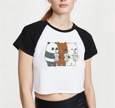 Touz Moda We Bare Bears Printed Raglan Sleeve White Crop
