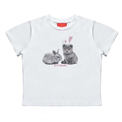 Touz Moda Y2k White Crop Top - Belt Size, Rabbit and Cat Pattern