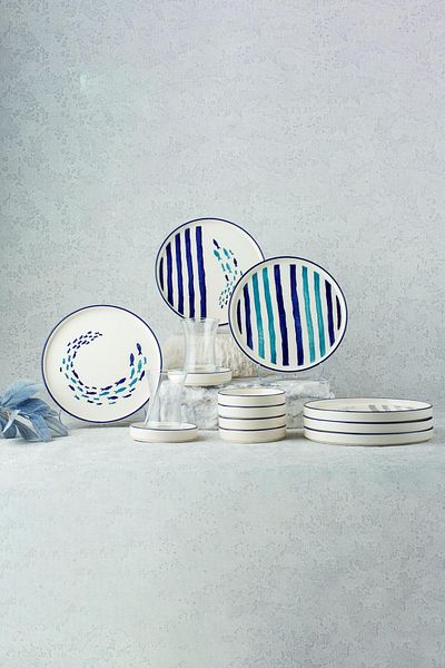Kevin Seramik 18 Pieces Marine Stackable Breakfast Set for 6 People & Breakfast Set with Tea Cups and Tea Set