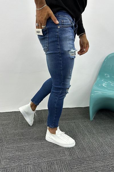 MADZEYMODA Ανδρικό Slim Fit Blue Jean - Slim Fit, Ripped Detailed, Lycra Jeans