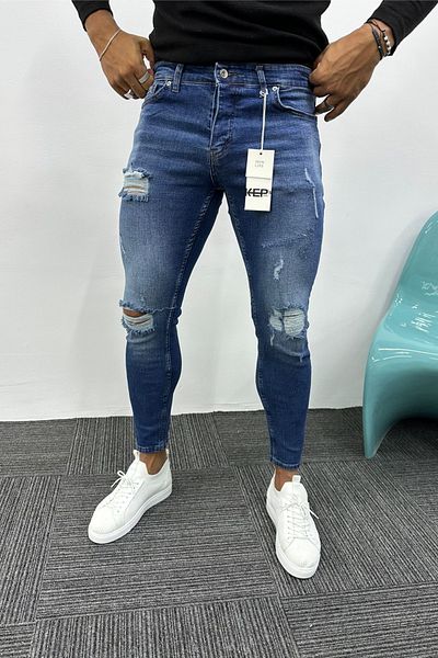 MADZEYMODA Ανδρικό Slim Fit Blue Jean - Slim Fit, Ripped Detailed, Lycra Jeans