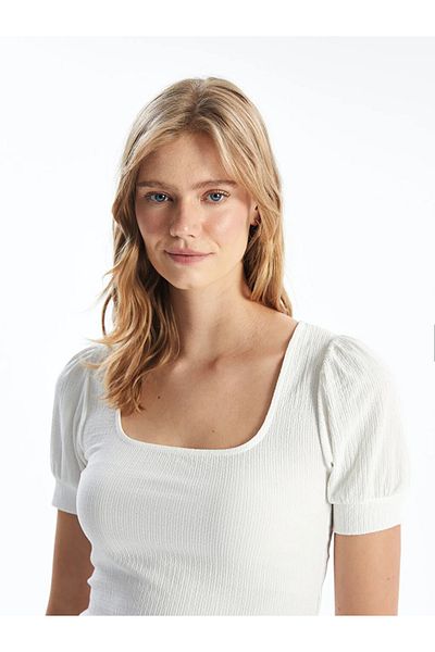 LC Waikiki LCW Vision – Damenbluse mit quadratischem Kragen, einfarbig, kurzärmelig