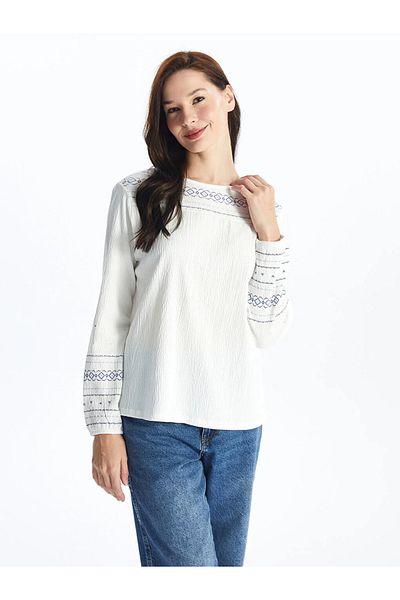 LC Waikiki LCW Grace Damenbluse mit Rundhalsausschnitt und langen Ärmeln