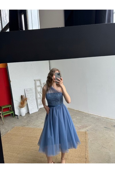 minel aşk Tül Midi Boy İndigo Elbise