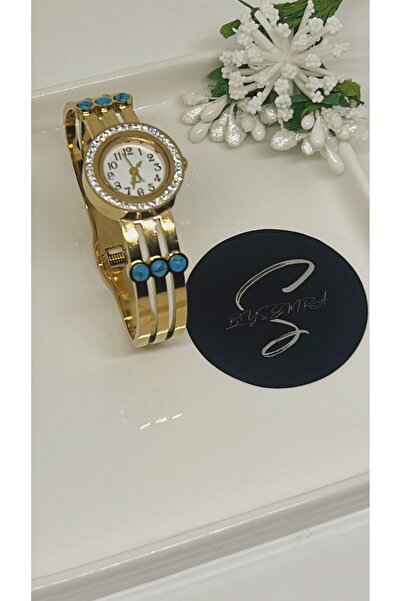 By Semra Paslanmaz Çelik Saat Kelepçe Zirkon Taşlı Kaburga Model Gold Saat Kelepçe Bilezik