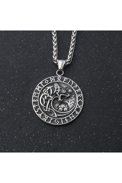 Viking Odin and Freki Wolf Design - Vegvisir Embroidered 316L Necklace