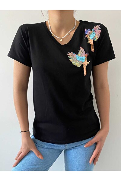 Laderra V-Neck Sequined Bird Patterned T-Shirt