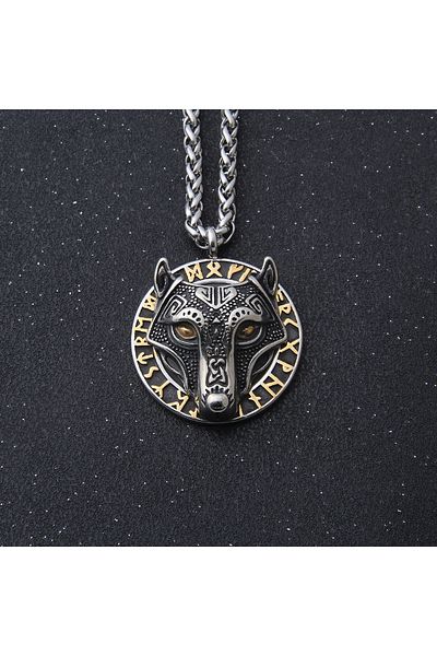 Viking Fenrir Odin Freki Runic Written Wolf Necklace - 316L Scandinavian Mythology